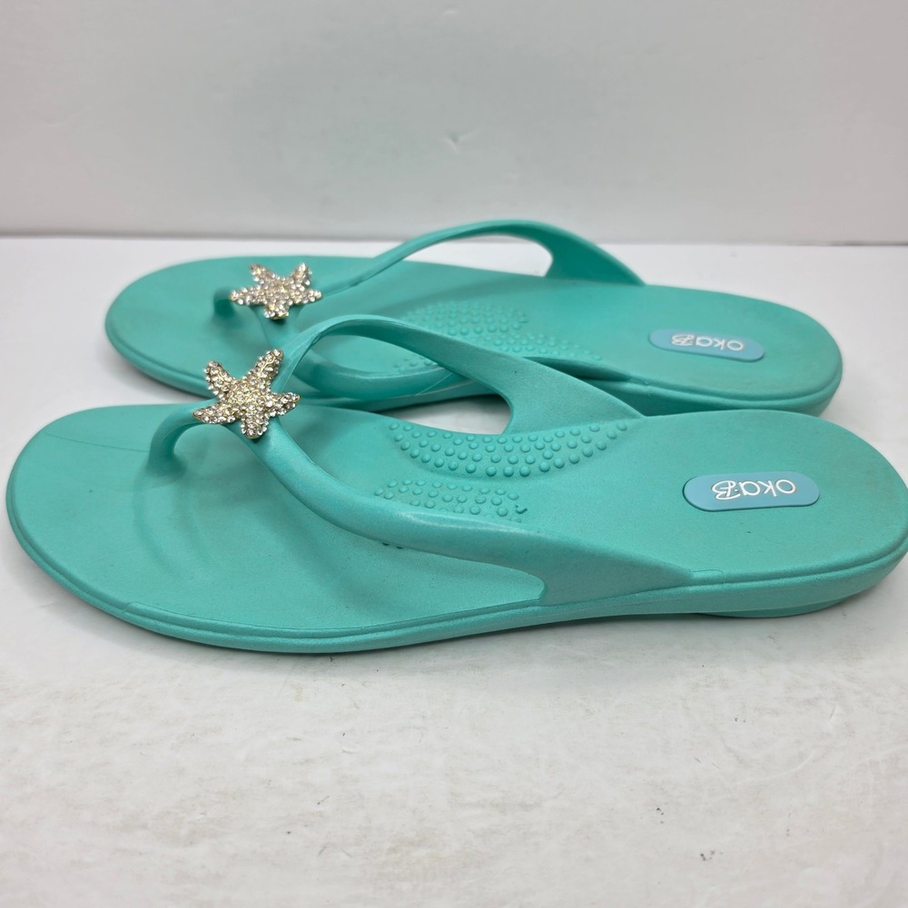 Oka-B Flip Flops Womens ML Turquoise Rhinestone Starfish Nautical Sandals